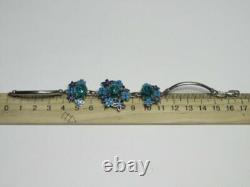 925 Sterling Silver Vintage Blue Gem Flower Bangle Bracelet Enamel Floral