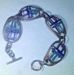 925 Sterling Silver Vintage Shades of Blue Enamel Panel Link Bracelet 7.5