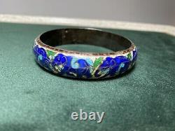 925 Sterling Vintage CLOISONNE Green/Blue/White ENAMEL ELEPHANT BRACELET