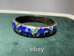 925 Sterling Vintage CLOISONNE Green/Blue/White ENAMEL ELEPHANT BRACELET