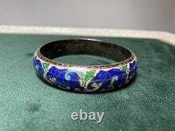 925 Sterling Vintage CLOISONNE Green/Blue/White ENAMEL ELEPHANT BRACELET