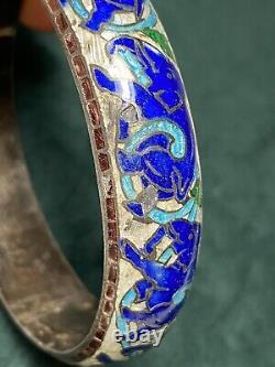 925 Sterling Vintage CLOISONNE Green/Blue/White ENAMEL ELEPHANT BRACELET