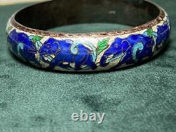 925 Sterling Vintage CLOISONNE Green/Blue/White ENAMEL ELEPHANT BRACELET