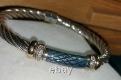 ALS 18k yellow gold-Sterling silver blue enamel diamond bangle cable bracelet