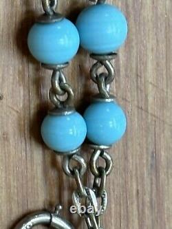 ANTIQUE GUILLOCHE ENAMMEL Charm 1/20 12k GF on Turquoise blue beaded Bracelet 7