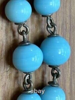 ANTIQUE GUILLOCHE ENAMMEL Charm 1/20 12k GF on Turquoise blue beaded Bracelet 7