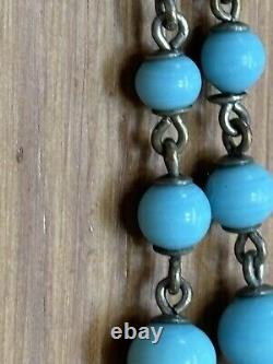 ANTIQUE GUILLOCHE ENAMMEL Charm 1/20 12k GF on Turquoise blue beaded Bracelet 7