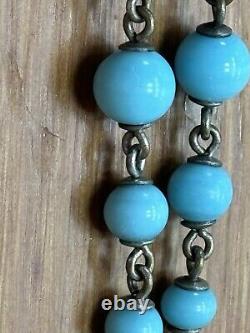 ANTIQUE GUILLOCHE ENAMMEL Charm 1/20 12k GF on Turquoise blue beaded Bracelet 7