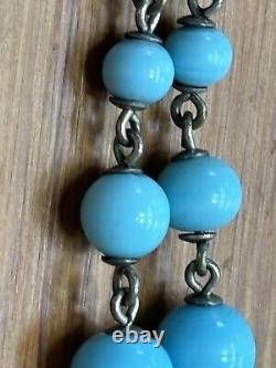 ANTIQUE GUILLOCHE ENAMMEL Charm 1/20 12k GF on Turquoise blue beaded Bracelet 7