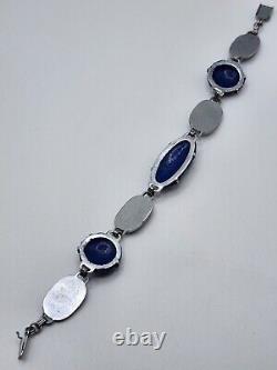 ART DECO 1920 Vintage FAUX CARVED BLUE GLASS Silver toned Enameled LINK BRACELET