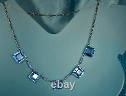 ART DECO Set 1930s ENAMEL CHAIN Necklace Bracelet Open BLUE CZECH CRYSTALS Fab