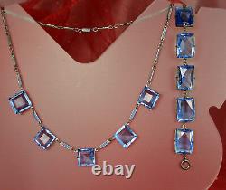 ART DECO Set 1930s ENAMEL CHAIN Necklace Bracelet Open Back BLUE CZECH CRYSTALS