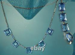 ART DECO Set 1930s ENAMEL CHAIN Necklace Bracelet Open Back BLUE CZECH CRYSTALS