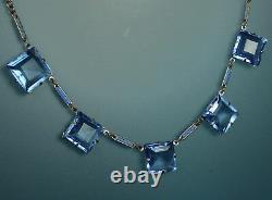 ART DECO Set 1930s ENAMEL CHAIN Necklace Bracelet Open Back BLUE CZECH CRYSTALS