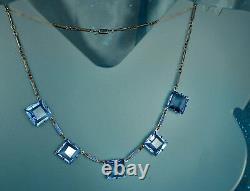 ART DECO Set 1930s ENAMEL CHAIN Necklace Bracelet Open Back BLUE CZECH CRYSTALS