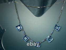 ART DECO Set 1930s ENAMEL CHAIN Necklace Bracelet Open Back BLUE CZECH CRYSTALS