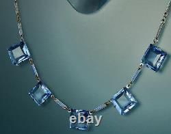 ART DECO Set 1930s ENAMEL CHAIN Necklace Bracelet Open Back BLUE CZECH CRYSTALS