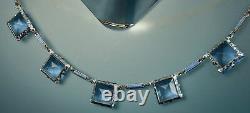 ART DECO Set 1930s ENAMEL CHAIN Necklace Bracelet Open Back BLUE CZECH CRYSTALS