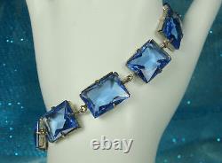 ART DECO Set 1930s ENAMEL CHAIN Necklace Bracelet Open Back BLUE CZECH CRYSTALS