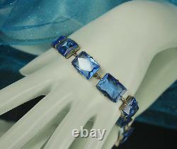 ART DECO Set 1930s ENAMEL CHAIN Necklace Bracelet Open Back BLUE CZECH CRYSTALS