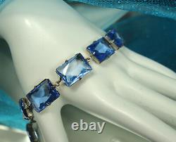 ART DECO Set 1930s ENAMEL CHAIN Necklace Bracelet Open Back BLUE CZECH CRYSTALS