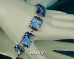 ART DECO Set 1930s ENAMEL CHAIN Necklace Bracelet Open Back BLUE CZECH CRYSTALS