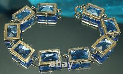 ART DECO Set 1930s ENAMEL CHAIN Necklace Bracelet Open Back BLUE CZECH CRYSTALS