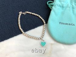 AUTH TIFFANY & CO SILVER 4mm BEAD BLUE ENAMEL HEART TAG BRACELET