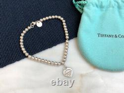 AUTH TIFFANY & CO SILVER 4mm BEAD BLUE ENAMEL HEART TAG BRACELET