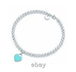 AUTH TIFFANY & CO SILVER 4mm BEAD BLUE ENAMEL HEART TAG BRACELET