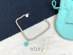 AUTH TIFFANY & CO SILVER 4mm BEAD BLUE ENAMEL HEART TAG BRACELET