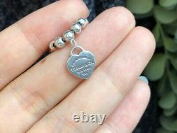 AUTH TIFFANY & CO SILVER 4mm BEAD BLUE ENAMEL HEART TAG BRACELET