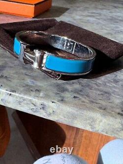 AUTHENTIC HERMES Enamel Clic H Bangle Blue Bracelet Size PM