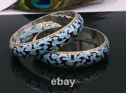 AWESOME 925 STERLING SILVER BLUE COLOR ENAMEL MEENAKARI BANGLE BRACELET ba18