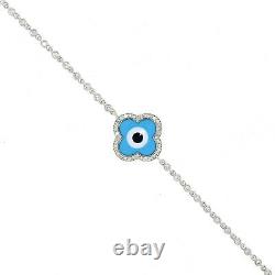 Aaron Basha 18ct White Gold Diamond & Light Blue Enamel Clover Evil Eye Bracelet