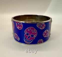 Alexander McQueen Wide Blue Enamel Pink Skull Bangle Bracelet