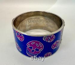 Alexander McQueen Wide Blue Enamel Pink Skull Bangle Bracelet