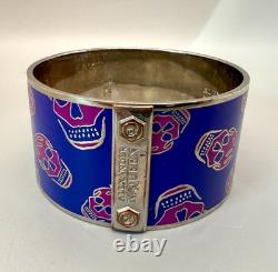 Alexander McQueen Wide Blue Enamel Pink Skull Bangle Bracelet