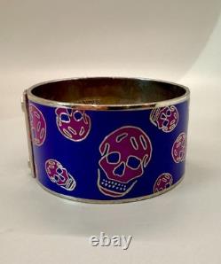 Alexander McQueen Wide Blue Enamel Pink Skull Bangle Bracelet