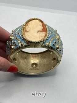 Amedeo Cameo lady gold tone blue enamel wide ornate clamper bracelet vintage