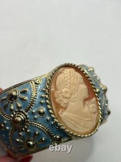 Amedeo Cameo lady gold tone blue enamel wide ornate clamper bracelet vintage