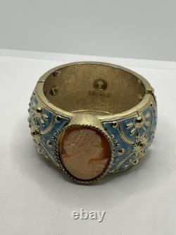 Amedeo Cameo lady gold tone blue enamel wide ornate clamper bracelet vintage
