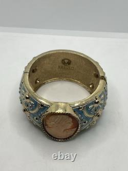 Amedeo Cameo lady gold tone blue enamel wide ornate clamper bracelet vintage
