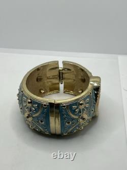 Amedeo Cameo lady gold tone blue enamel wide ornate clamper bracelet vintage
