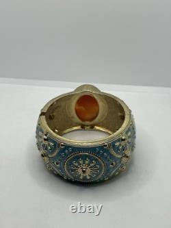 Amedeo Cameo lady gold tone blue enamel wide ornate clamper bracelet vintage