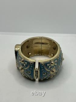 Amedeo Cameo lady gold tone blue enamel wide ornate clamper bracelet vintage