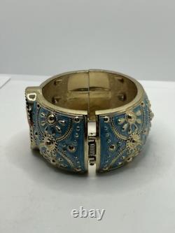 Amedeo Cameo lady gold tone blue enamel wide ornate clamper bracelet vintage