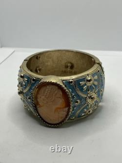 Amedeo Cameo lady gold tone blue enamel wide ornate clamper bracelet vintage