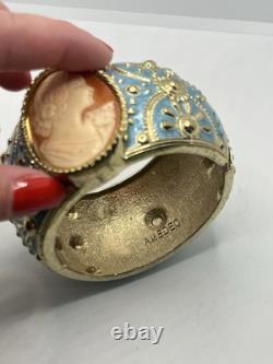 Amedeo Cameo lady gold tone blue enamel wide ornate clamper bracelet vintage