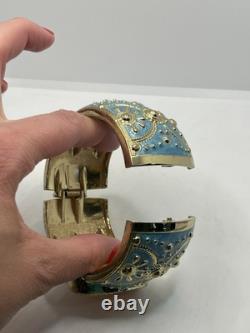 Amedeo Cameo lady gold tone blue enamel wide ornate clamper bracelet vintage
